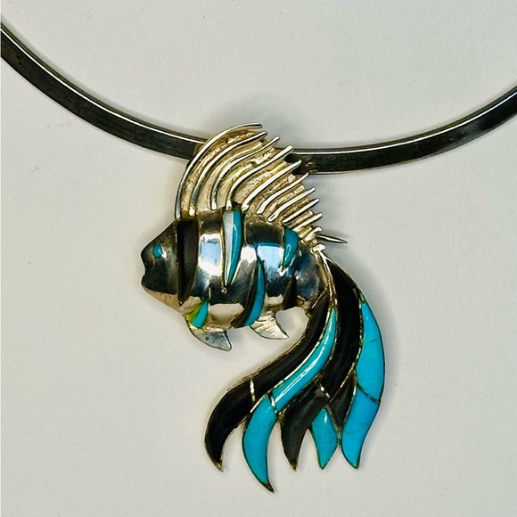 Vintage Sterling Silver Turquoise Koi Fish Pendant Brooch with Sterling Collar N